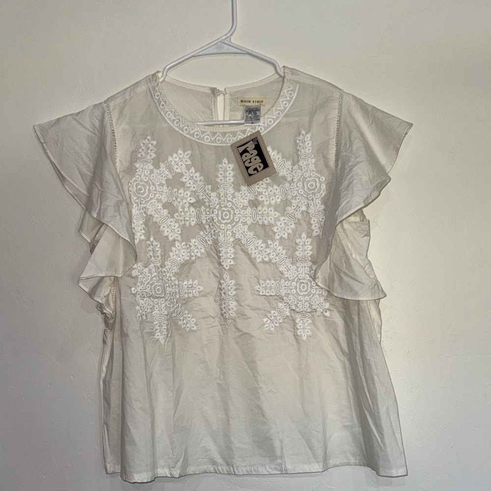 Main Strip White Embroidered Ruffle Blouse NWT